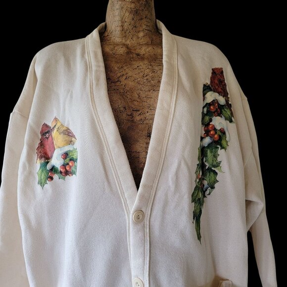 Vintage 90s Jerzees Cream Cardigan With Festive Cardinal & Holly Print Design - Picture 2 of 14
